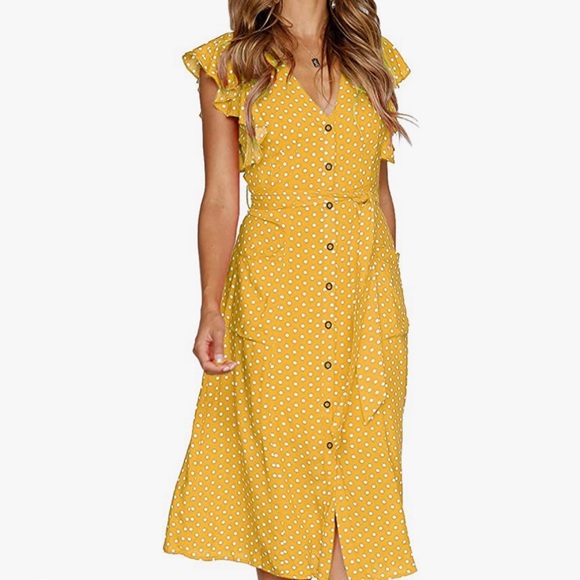 mitilly Dresses & Skirts - Yellow Polka Dot  Sleeveless V Neck Swing Midi Dress with Pockets M